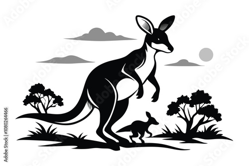 Black and white A mother kangaroo with a joey B.eps