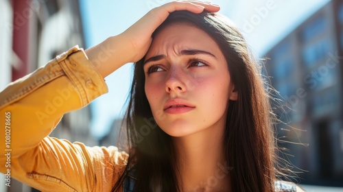 dark-haired young woman standing outdoors, squinting and touching her forehead, bright sunny day, with blurred urban background hinting at a street scene