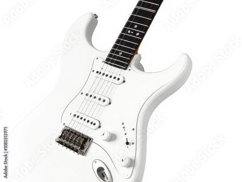 sleek white electric guitar with modern design, featuring three pickups, tremolo system, and smooth neck. Perfect for musicians seeking style and performance