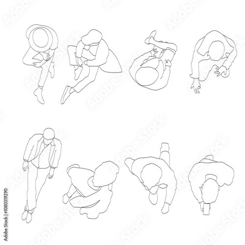 Set of 8 vector illustrations of people from a top-down view, drawn in a linear style. Perfect for architectural and design plans, interior layouts, or any type of design project requiring human figur