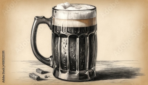 Realistic drawing of a beer mug with frothy head on a textured background