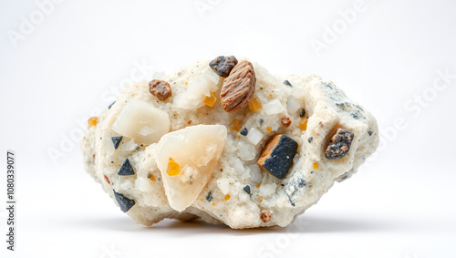 Close up image of a raw nepheline with titanite and feldspar minerals isolated on a white background from Khibiny Kola Peninsula