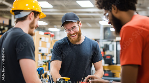 Young electrician students gathered around a workbench, smiling and chatting while learning to use different tools, creating a friendly and engaging learning atmosphere.