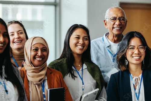 Smiling multiethnic group of happy professionals representing diverse ages gathered at a corporate event displaying positive emotions and unity.