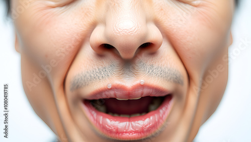 Asian man have aphthous ulcers on mouth on white background, selective focus.