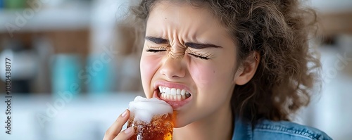 The person winces in discomfort as she touches her cheek, feeling the sharp twinge of sensitivity in her teeth after indulging in a refreshing but icy cold soda.