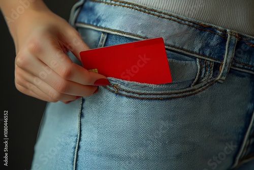 A woman is holding a red credit card in her pocket