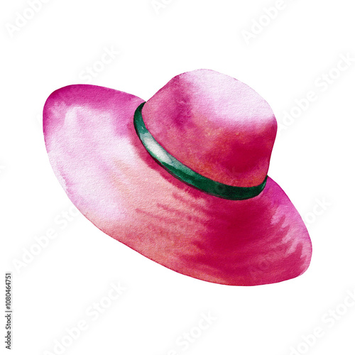 Pink women's hat with a thin green ribbon on a white background. A fashion accessory and a headdress. Watercolour.