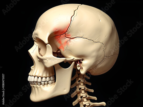 Human Skull & Cervical Spine Fracture - Medical Illustration, Anatomy, Temporal Bone Injury, Beige Skull, Black Background, High-Res