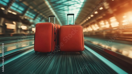 A pair of vibrant orange suitcases travel along an airport conveyor. The bustling background reflects the spirited and dynamic atmosphere of world travel.