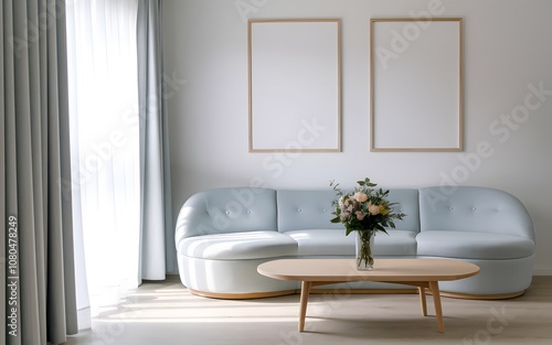 A modern living room setting. A light blue-colored, rounded sofa sits against a white wall, adorned with two blank wooden frames. In front of the sofa, there's a wooden coffee table with a vase of flo