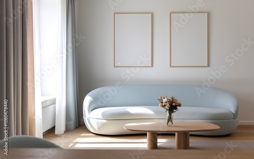 A modern living room setting. A light blue-colored, rounded sofa sits against a white wall, adorned with two blank wooden frames. In front of the sofa, there's a wooden coffee table with a vase of flo