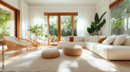 An airy, bright lounge area that incorporates natural elements with large windows displaying lush greenery, accentuated by white furniture and calming earthy details.