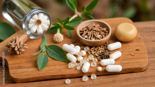 homeopathic granules, medicinal herbs on a natural wooden table on a natural background. alternative medicine and homeopathy