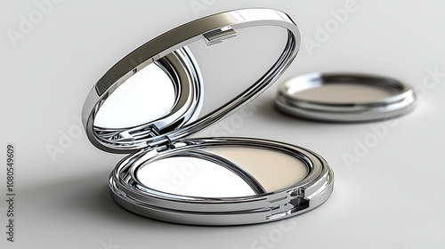 Elegant silver compact mirror with open reflective surface showcasing modern design and minimalistic aesthetic ideal for beauty and fashion themes