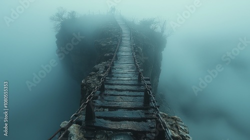 Narrow ridge on Mount Hua Shan in China, rugged cliff edges with chains bolted into rock faces, hikers carefully maneuvering along a wooden plank walkway, steep drops on either side, mist shrouding th