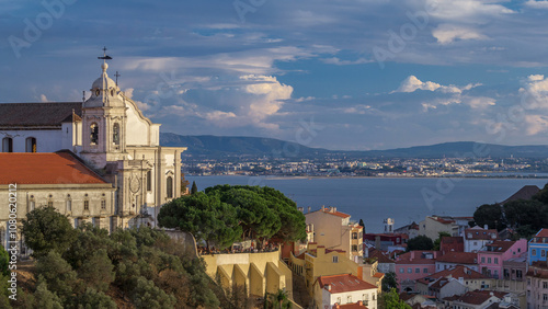 Lisbon during sunset aerial view of city centre with Sophia de Mello Breyner Andresen at Autumn day to night timelapse, Portugal