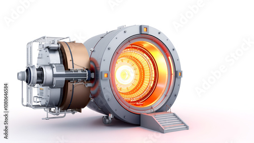 tokamak thermonuclear fusion power plant 3d representation, magnetic fusion that use the hydrogen isotopes like deuterium or tritium to generate green sustainable energy