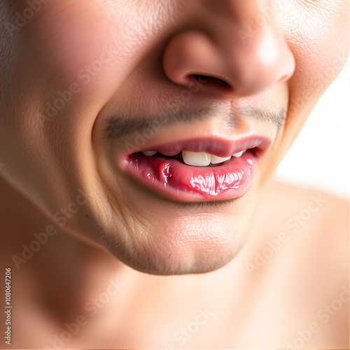 Asian man have aphthous ulcers on mouth on white background, selective focus.