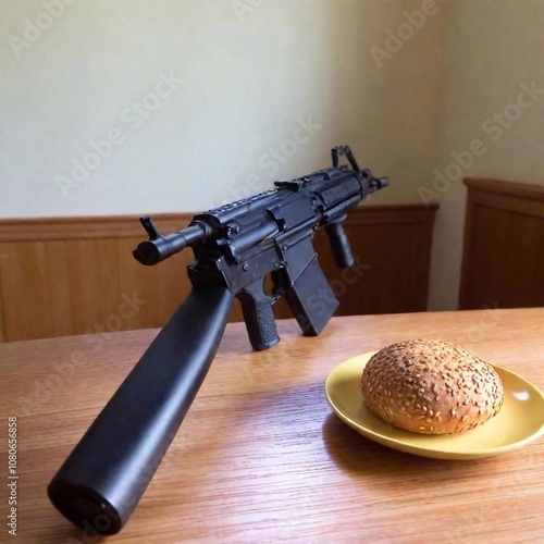 M-16 rifle laying on breakfast table in home