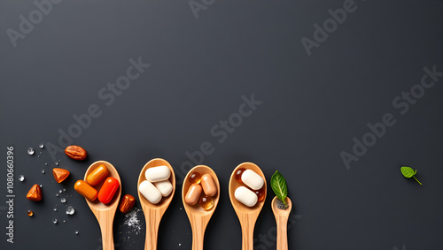 Healthy vitamins and supplements on wooden teaspoons against dark black background with copy space