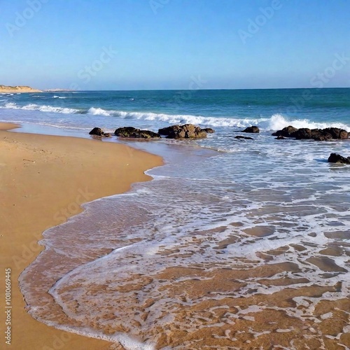 A full shot of a sandy beach with seagulls at eye level, with gentle waves lapping at the shore and a clear horizon.