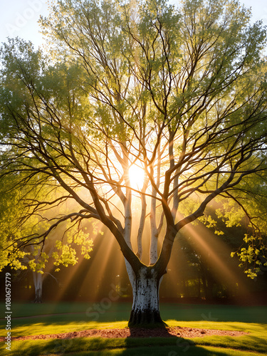 A divine tree of immortality with orbs and rays, aspen look.