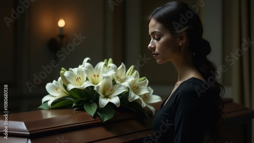 Somber reflection: woman in black beside coffin with white lilies in dim light