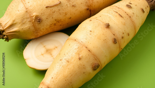 Closeup of taro root vegetable, eddo malanga, on green background, taro, root vegetable, eddo malanga, closeup