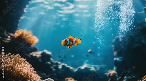 orange clownfish swimming among bright coral reefs in an underwater scene, clear blue water with s