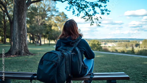 A person sitting on a bench in a park with their backpack beside them looking hopeful while gazing at the horizon embodying dreams of a brighter future.