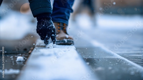 City Worker Spreading Salt on Icy Sidewalk for Winter Safety – Close-Up of Snow Control for Pedestrian Safety