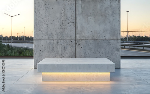 Modern concrete podium with soft lighting, set against minimalist backdrop at sunset. sleek design enhances serene atmosphere of urban environment