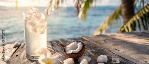 A glass of coconut water on an old wooden table by the sea