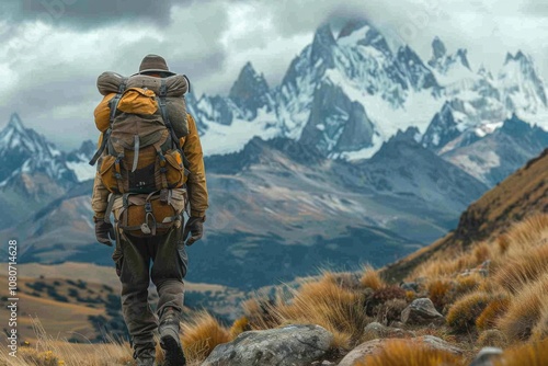 An aged prospector bravely treks through the rugged mountainous landscape driven by years of ambition and a relentless quest for gold amid towering peaks.