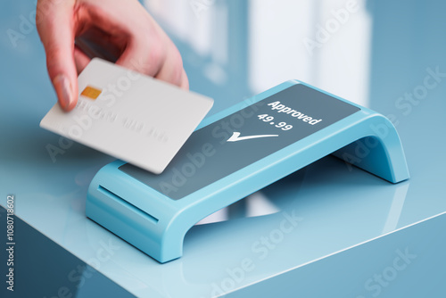 Credit card transaction. A neutral contactless credit card with fake name and number being moved in front of a contactless card reader. Motion blur. 3d render