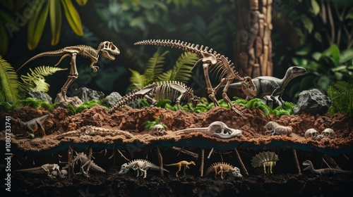 A diorama displays various dinosaur types in a lush environment with skeletons and models. The scene features different species in natural poses, creating a serene, mystical rainforest setting.