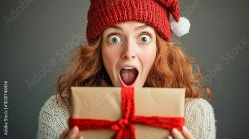 Excited redhead in Santa hat reacts with wide-eyed surprise to Christmas gift, her mouth agape as she holds a beautifully wrapped present with red ribbon.