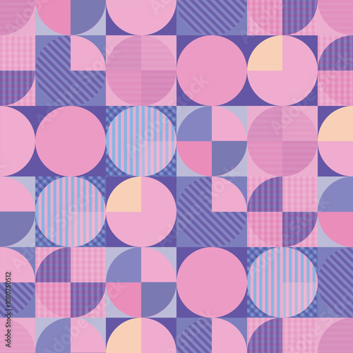 Vibrant geometric seamless pattern featuring circles and squares abstract vintage background in pink and lavender shades.