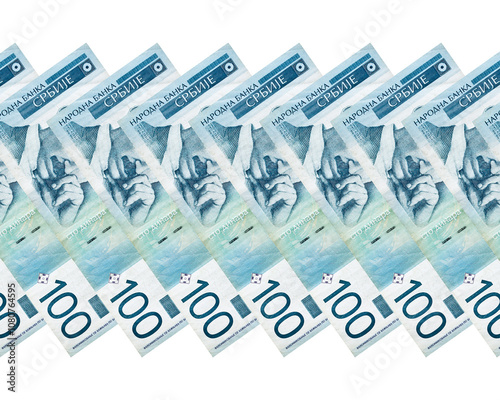 Seamless pattern with Serbian one-hundred dinar banknotes. Image isolated on white background