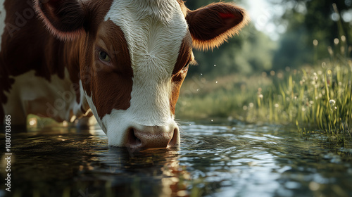 Krowa o brązowej i białej sierści pochyla się nad stawem, pijąc wodę w cichej, naturalnej scenerii. 