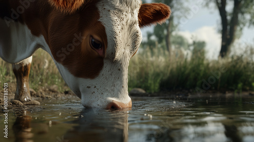 Krowa o brązowej i białej sierści pochyla się nad stawem, pijąc wodę w cichej, naturalnej scenerii. 