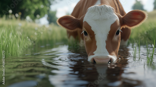 Krowa o brązowej i białej sierści pochyla się nad stawem, pijąc wodę w cichej, naturalnej scenerii. 