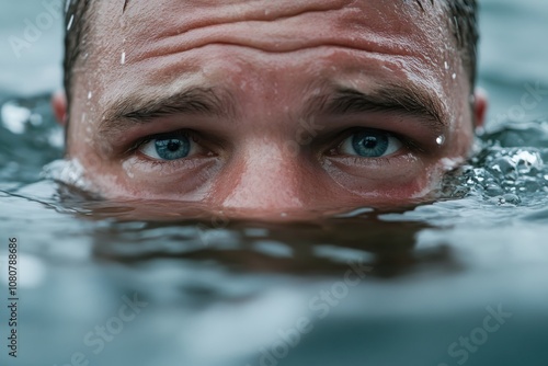 The emotional expression of a man floats amidst calm sea waters, conveying a mix of apprehension and introspection under a gentle aquatic embrace.