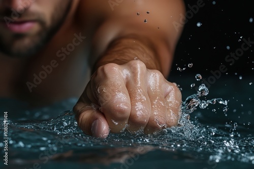 An assertive hand pierces through splashing water, embodying courage, strength, and determination in a dynamic scene that captures the power of human effort.