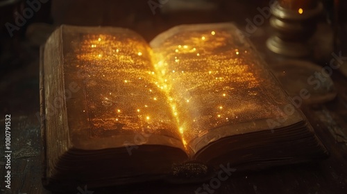 Open mystical book with luminous pages where the gentle glow evokes whispers of ancient spells and forgotten incantations