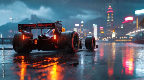 F1 Car with Active Rear Wing in Monsoon: Low Angle View Amidst Hong Kong Skyline. Neon Reflections in Puddles with Sharp Focus and Volumetric Lighting. 8K Detail.