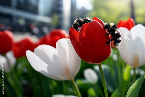 Sunlit garden scene with bees buzzing around bright blooms, capturing the essence of spring life