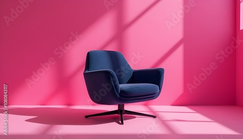  a sleek, modern armchair set against a vibrant pink backdrop. The chair is upholstered in deep, rich blue fabric, featuring a high backrest and armrests that exude comfort and sophistication. 