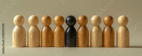 A striking representation of diversity and inclusion with wooden figures, highlighting uniqueness in a homogeneous group.